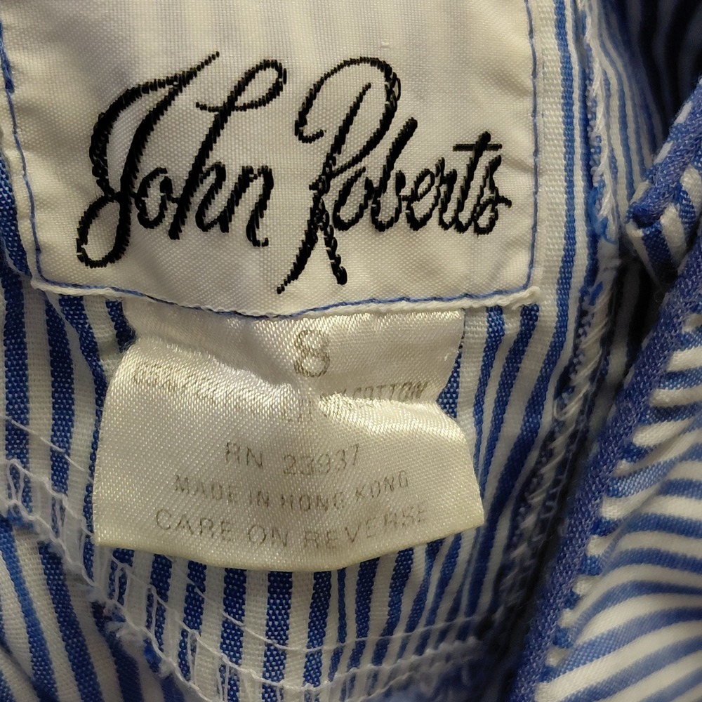 Vintage John Roberts Blue White Striped Cotton Midi Dress Puffy Sleeve Womens 8 - Picture 8 of 9